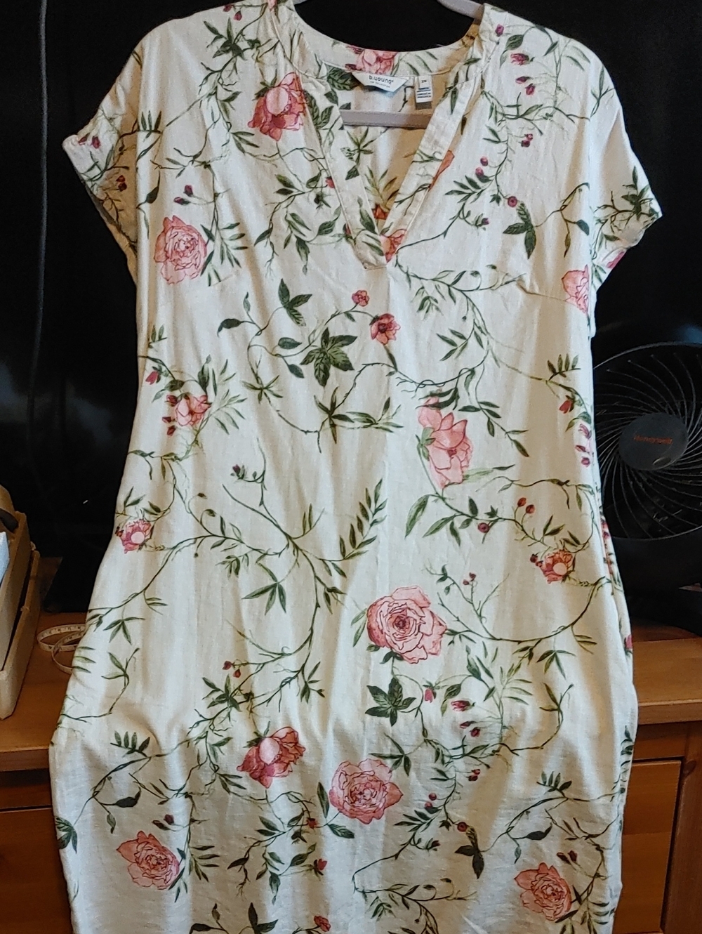 Floral Linen-Blend Cap Sleeve Tunic Dress - Pink Rose on Cream